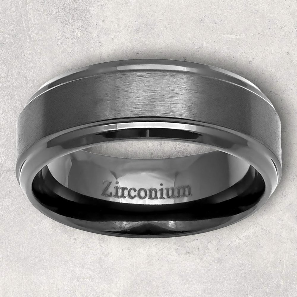 8mm Zirconium Brushed Center Stepped Edge Men's Wedding Band